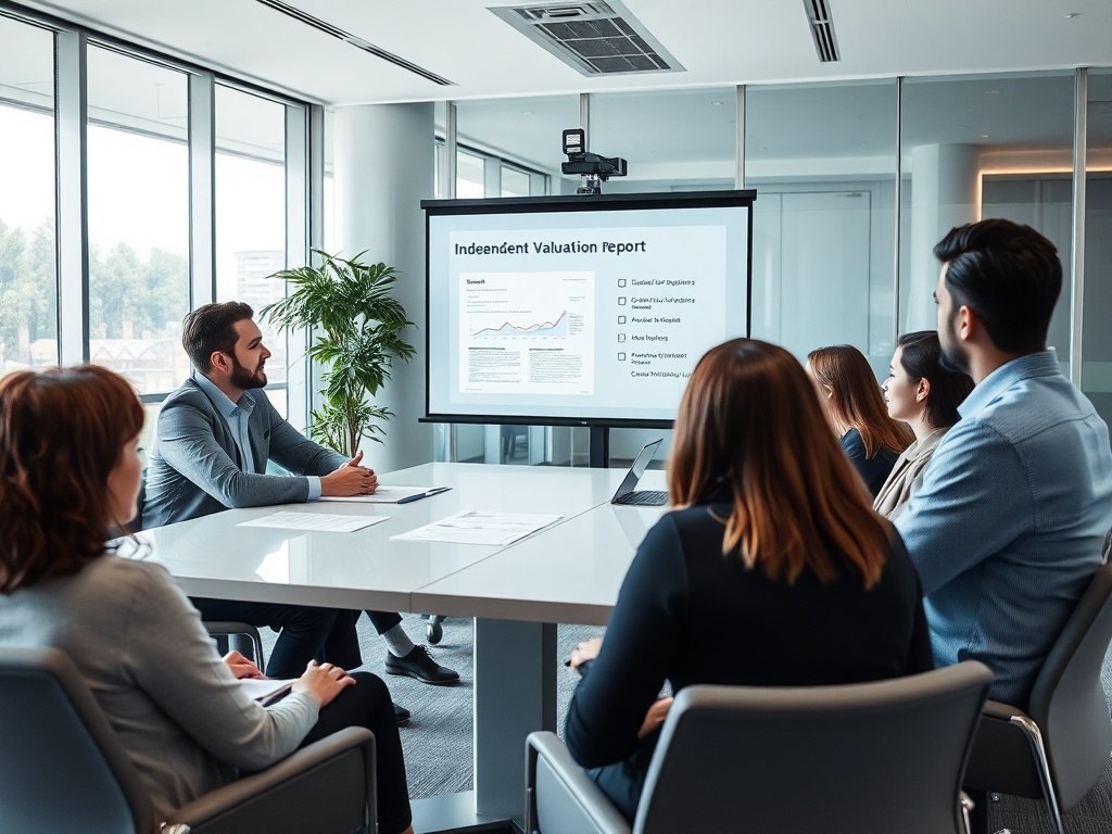 На совещании в офисе группа людей обсуждает отчет по независимой оценке. На экране графики и данные.
