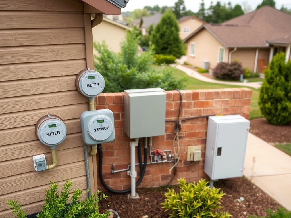 На стене дома установлены счетчики и электрическая панель, окружённые зелёными растениями.