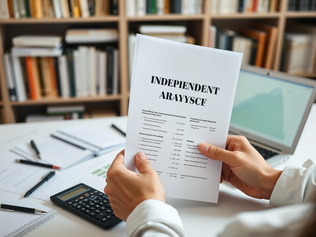 Человек держит документ с заголовком "Независимые исследования" на фоне рабочего стола с компьютером.