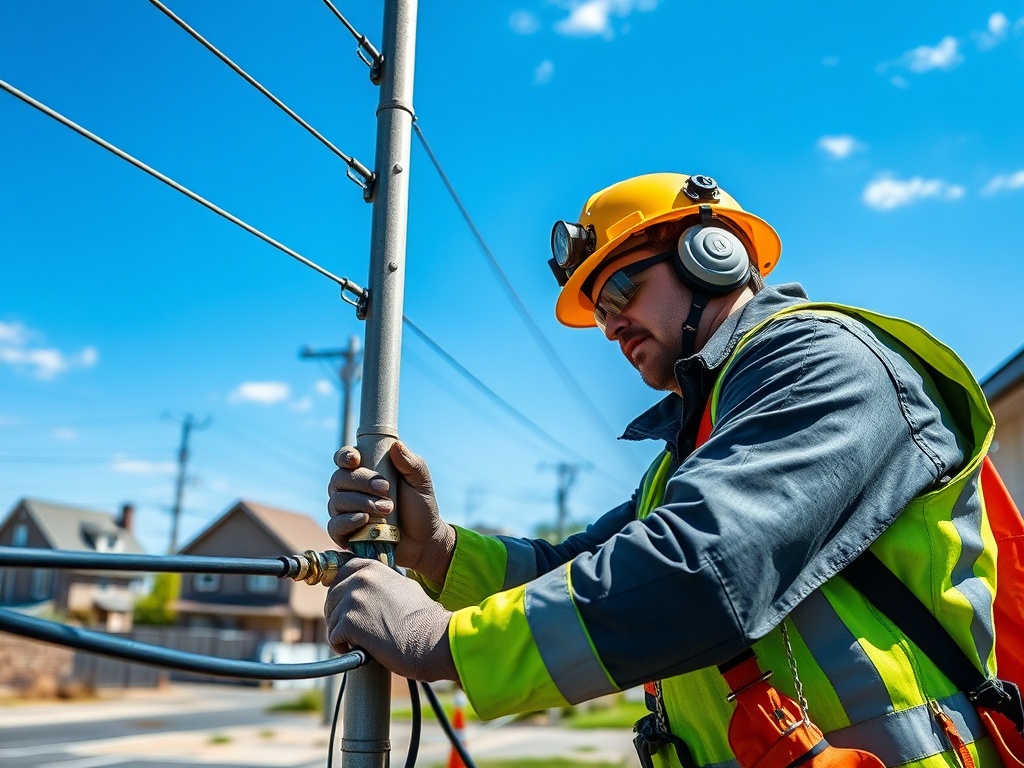 Рабочий в желтой каске и наушниках устанавливает антенну на фоне голубого неба и домов.