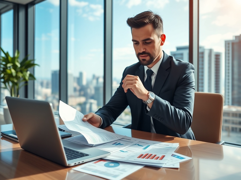 Мужчина в костюме сидит за столом, изучая документы с графиками и данными в офисе с панорамными окнами.