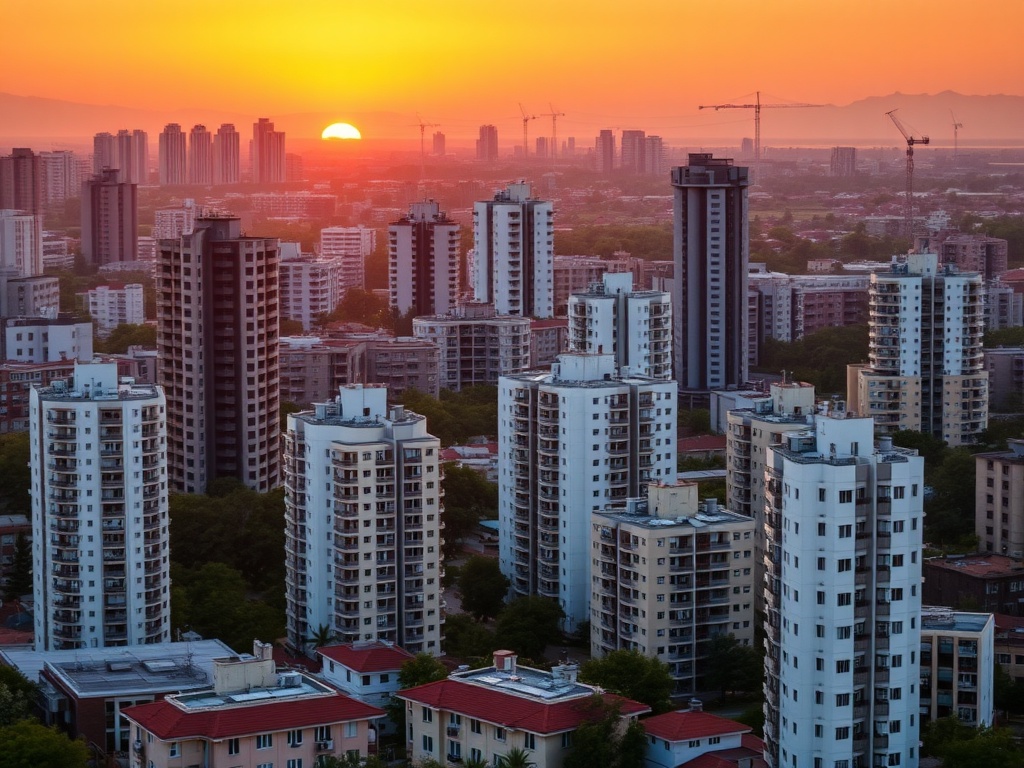 Закат над городом с высотными зданиями, освещенными тёплым светом. Горизонт затянут облаками.
