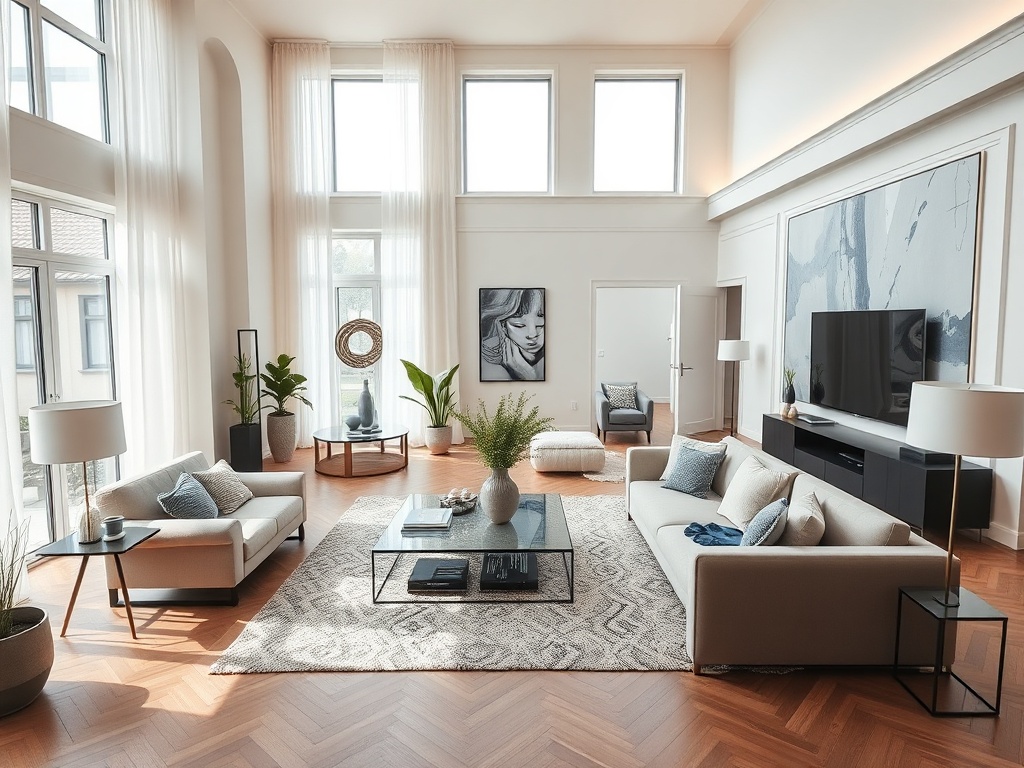 Современная гостиная с большими окнами, светлыми тонами и уютной мебелью на деревянном полу.
