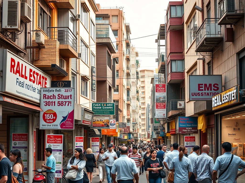 Улица с людьми и магазинами, заполненная рекламными вывесками на зданиях. Жаркий день в городе.