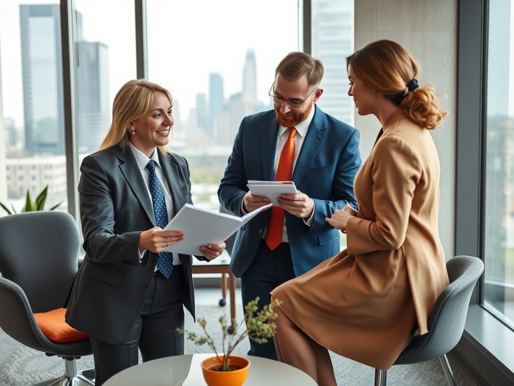 Трое профессионалов обсуждают документы в офисе с видами на город за окном.