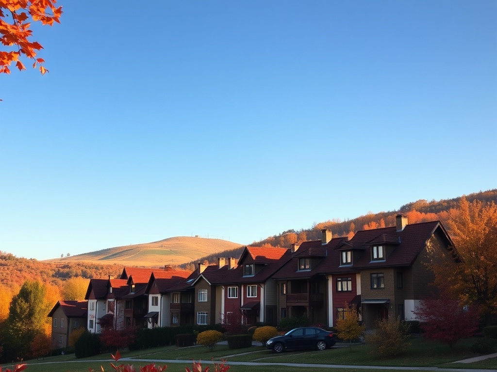 Красивый осенний пейзаж с домами и горами под ярким синим небом и яркой листвой.