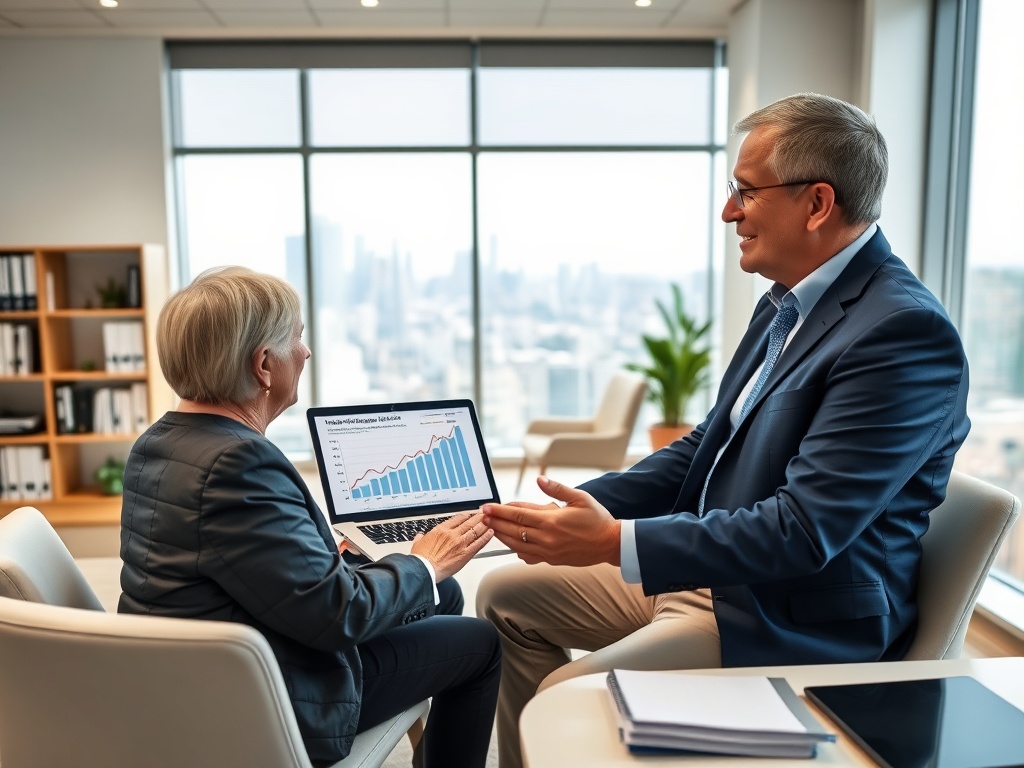 Два человека обсуждают графики роста в офисе с видом на город. Один показывает график на ноутбуке.